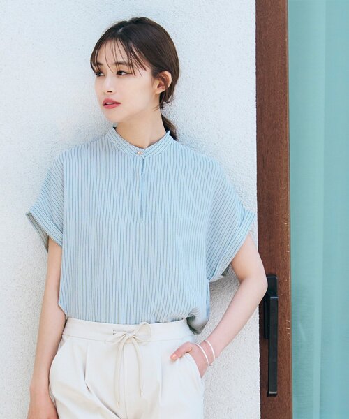 grove（グローブ）の「◆夏にぴったり！イージーケア&ひんやりストライププリントブラウス（シャツ/ブラウス・レディース・ネイビー系2/アイボリー系2/ベージュ系その他6/ブルー系7・02/03/04/01/05）」の4枚目の写真