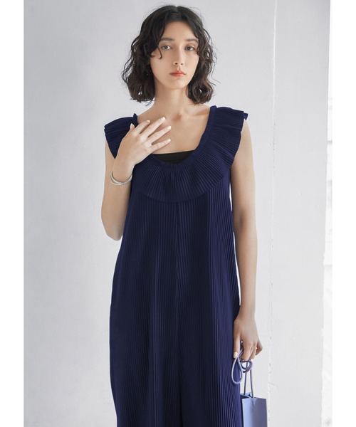 プリーツ加工ラッフルカラーサロペット