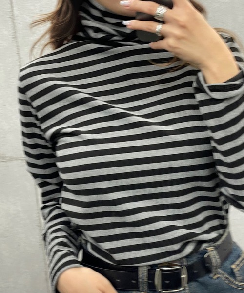 ROGER AND RAW(ロジャーアンドロウ)の「ハイネックボーダートップス(Tシャツ/カットソー・レディース・ブラック/ベージュ/グリーン/グレー・FREE)」の8枚目の写真