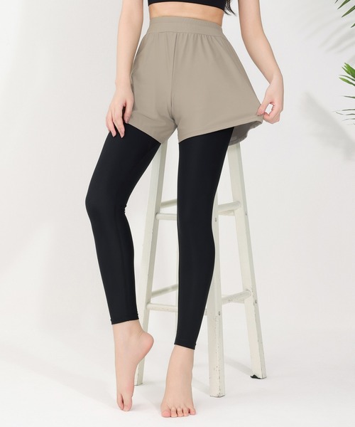DAY CLOSET(デイ クローゼット)の「【UVカット99.9%以上/接触冷感/大きいサイズ有】レイヤード風ショートパンツ一体型 ラッシュガードレギンス レディース(ラッシュガード・レディース・オレンジ/ベージュ/グレイッシュベージュ/ピンク/ライム/ブラウン/グリーン/ミント/ネイビー/ブルー/カーキ/ブラック/ホワイト×ブラック/ブラック系その他/ドット/チェック・L/S/M/LL)」の6枚目の写真