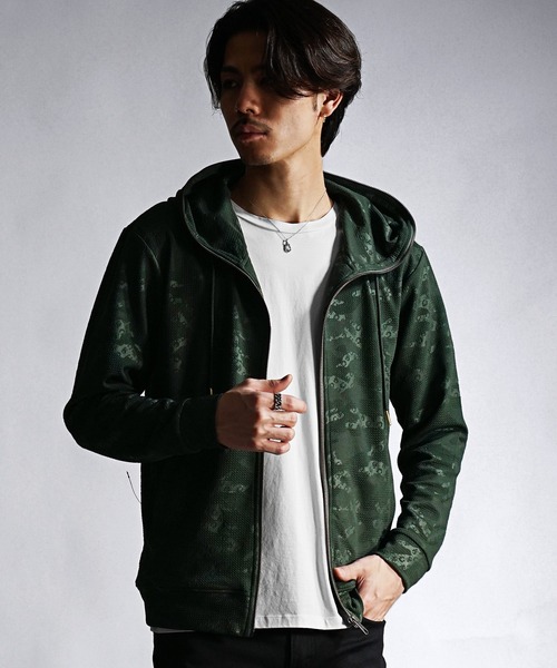 フクレ型押し総柄カレンダー加工フルZIPパーカー メンズ フーディ― 秋