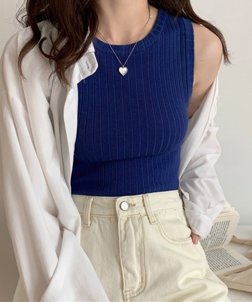 Miniministore(ミニミニストア)の「リブニット タンクトップ レディース春夏(ニット/セーター・レディース・ブラック/ベージュ/ロイヤルブルー/イエロー/ホワイト/フューシャピンク・FREE)」の4枚目の写真