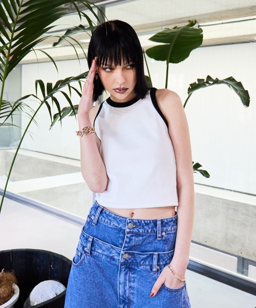 WONEM(ウォンエム)の「バイカラーリブアメスリタンクトップ(タンクトップ・レディース・ブラック/ホワイト/ブラウン・FREE)」の4枚目の写真