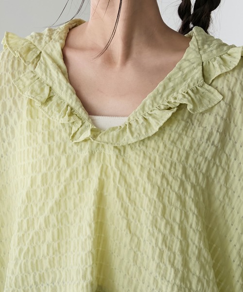 forksy.】シアーフリルフードクロップドブラウス（シャツ