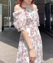 花柄シャーリングロングワンピース