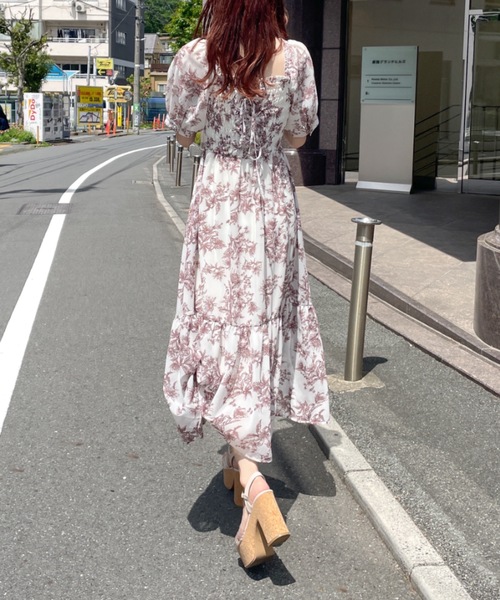 セール】花柄シャーリングロングワンピース（ワンピース）｜one