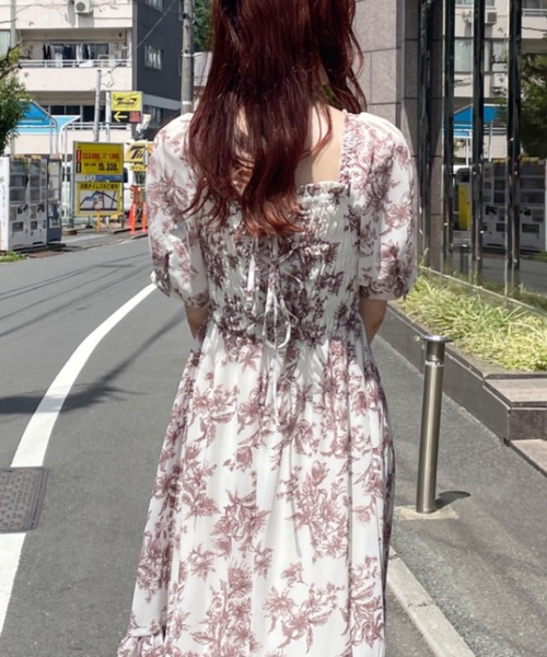 セール】花柄シャーリングロングワンピース（ワンピース）｜one way