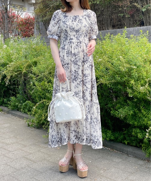 セール】花柄シャーリングロングワンピース（ワンピース）｜one way