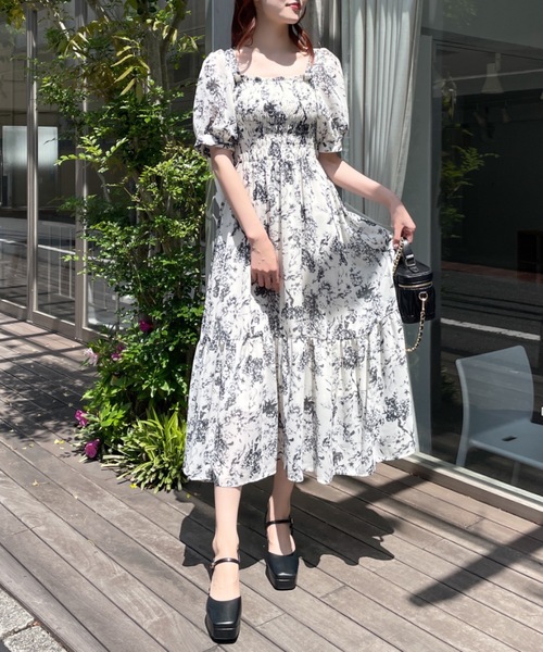 セール】花柄シャーリングロングワンピース（ワンピース）｜one