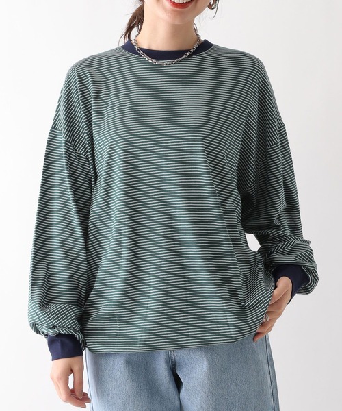 LEPSIM(レプシィム)の「ピンボーダーBIGロンT 108065(Tシャツ/カットソー・レディース・グリーン/ブルー/グレー・FREE)」の1枚目の写真