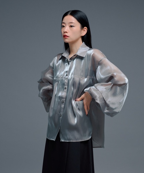 Ellno de Mavie(エルノデメヴィ)の「ボリュームタックグロッシーシアーシャツ(シャツ/ブラウス・レディース・ブラック/ライトグレー・FREE)」の14枚目の写真