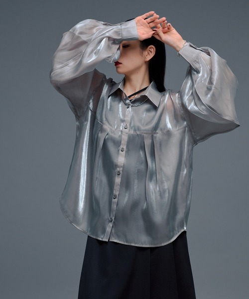 Ellno de Mavie(エルノデメヴィ)の「ボリュームタックグロッシーシアーシャツ(シャツ/ブラウス・レディース・ブラック/ライトグレー・FREE)」の15枚目の写真