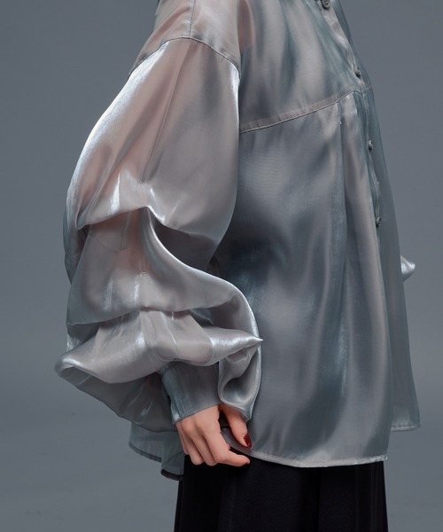 Ellno de Mavie(エルノデメヴィ)の「ボリュームタックグロッシーシアーシャツ(シャツ/ブラウス・レディース・ブラック/ライトグレー・FREE)」の21枚目の写真