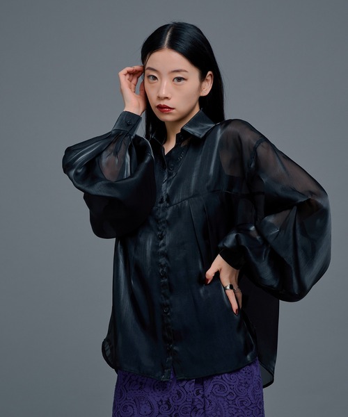 Ellno de Mavie(エルノデメヴィ)の「ボリュームタックグロッシーシアーシャツ(シャツ/ブラウス・レディース・ブラック/ライトグレー・FREE)」の3枚目の写真