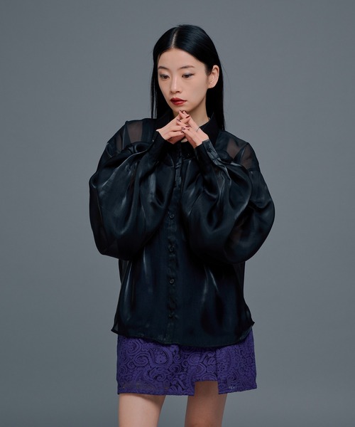 Ellno de Mavie(エルノデメヴィ)の「ボリュームタックグロッシーシアーシャツ(シャツ/ブラウス・レディース・ブラック/ライトグレー・FREE)」の8枚目の写真