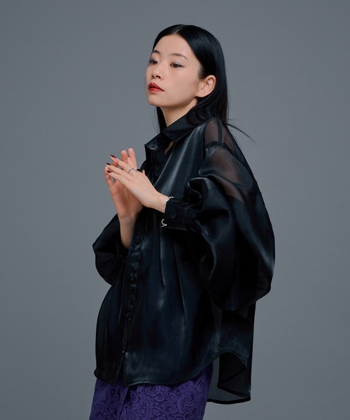 Ellno de Mavie(エルノデメヴィ)の「ボリュームタックグロッシーシアーシャツ(シャツ/ブラウス・レディース・ブラック/ライトグレー・FREE)」の6枚目の写真