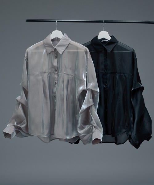Ellno de Mavie(エルノデメヴィ)の「ボリュームタックグロッシーシアーシャツ(シャツ/ブラウス・レディース・ブラック/ライトグレー・FREE)」の22枚目の写真