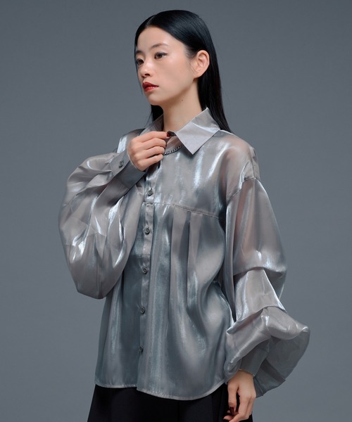 Ellno de Mavie(エルノデメヴィ)の「ボリュームタックグロッシーシアーシャツ(シャツ/ブラウス・レディース・ブラック/ライトグレー・FREE)」の16枚目の写真