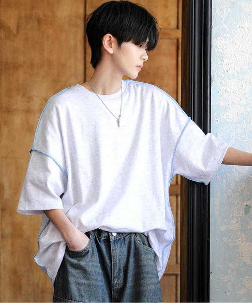 neos（ネオス）の「【neos】ルーズシルエット 裏使い ステッチ ポンチ パステルカラー ハーフスリーブ Tシャツ（Tシャツ/カットソー・メンズ・ブルー/イエロー/ホワイト/グリーン/ピンク・FREE）」の2枚目の写真