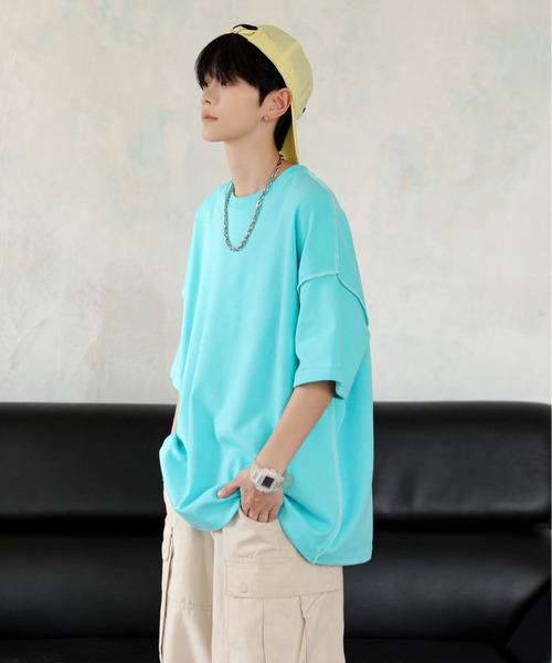 neos（ネオス）の「【neos】ルーズシルエット 裏使い ステッチ ポンチ パステルカラー ハーフスリーブ Tシャツ（Tシャツ/カットソー・メンズ・ブルー/イエロー/ホワイト/グリーン/ピンク・FREE）」の16枚目の写真
