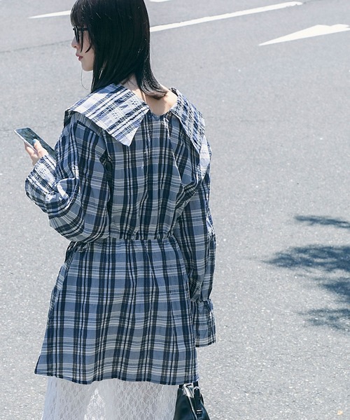 美品 群言堂 登美 リネンブラウス ビックシルエット チェック柄 スキッパー セール】シルクドビーチェックビックシルエット シャツ羽織