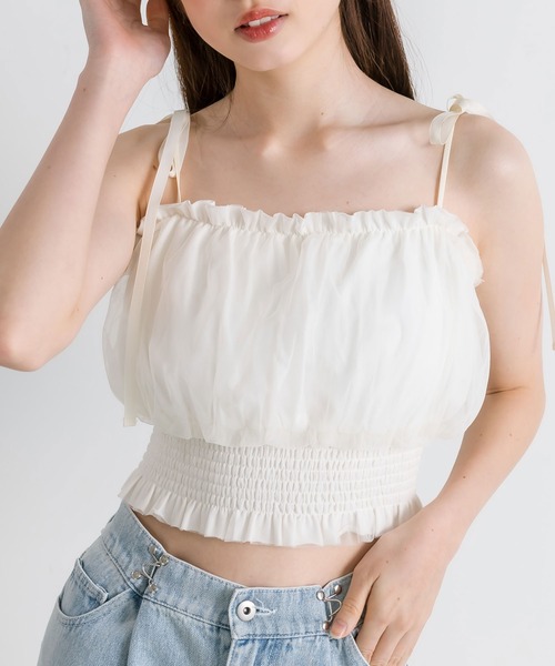 OLIVE des OLIVE（オリーブデオリーブ）の「チュール重ね裾シャーリングキャミ　1041060600（キャミソール・レディース・チャコールグレー/オフホワイト/ブラック・FREE）」の13枚目の写真