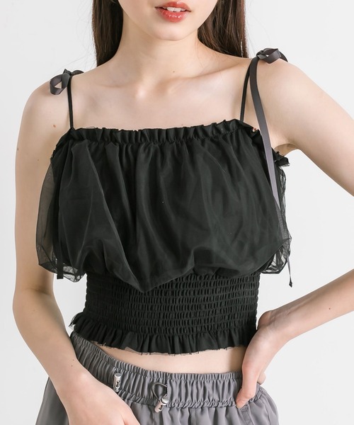 OLIVE des OLIVE（オリーブデオリーブ）の「チュール重ね裾シャーリングキャミ　1041060600（キャミソール・レディース・チャコールグレー/オフホワイト/ブラック・FREE）」の7枚目の写真