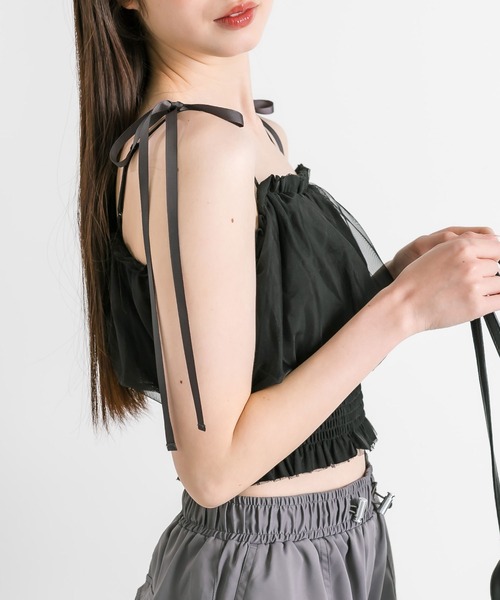 OLIVE des OLIVE（オリーブデオリーブ）の「チュール重ね裾シャーリングキャミ　1041060600（キャミソール・レディース・チャコールグレー/オフホワイト/ブラック・FREE）」の8枚目の写真