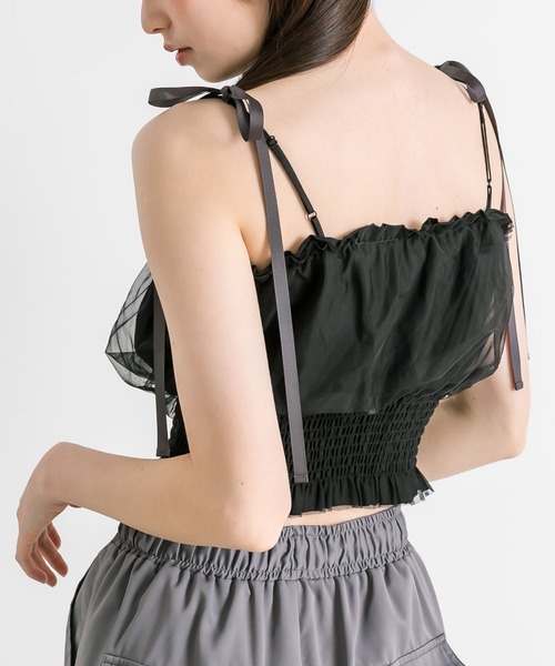 OLIVE des OLIVE（オリーブデオリーブ）の「チュール重ね裾シャーリングキャミ　1041060600（キャミソール・レディース・チャコールグレー/オフホワイト/ブラック・FREE）」の9枚目の写真