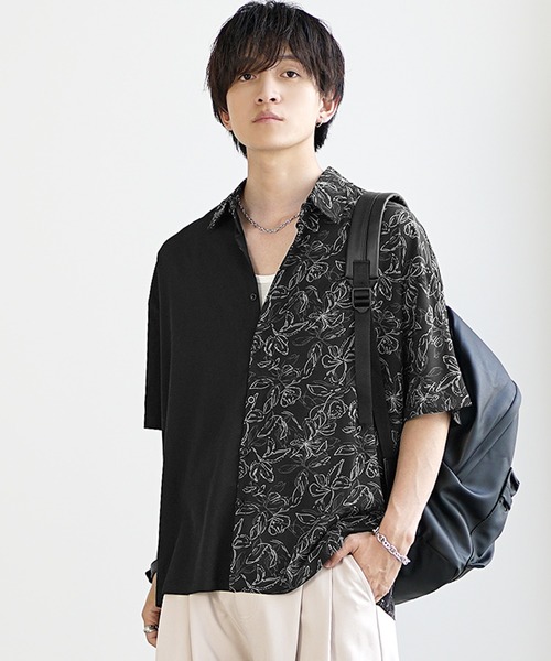 MinoriTY】さらさら配色フラワーシャツ メンズ 半袖シャツ 花柄
