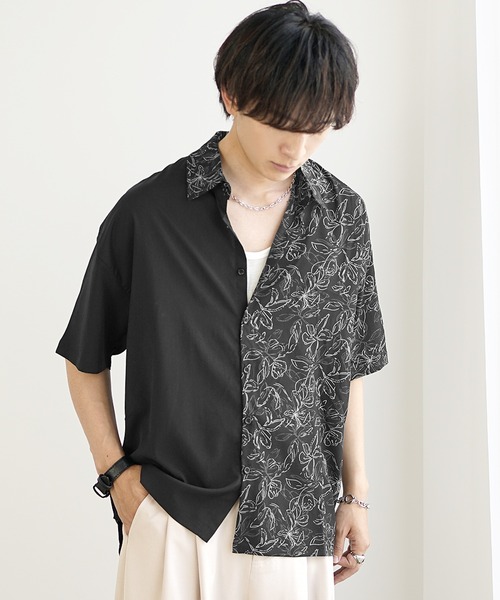 H beauty&youth 花柄 グレー 半袖シャツ Lサイズ MinoriTY】さらさら配色フラワーシャツ メンズ 半袖シャツ 花柄