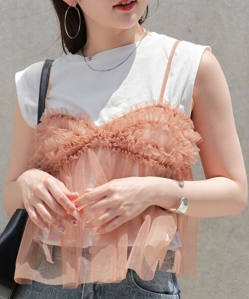 tシャツ Ｔシャツ×チュールキャミセット レディース palm RICHE tシャツ チュールキャミセットTOPS レディース