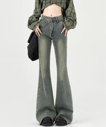 gossip！ロサンゼルス（ゴシップロサンゼルス）の「【サイズあり】ハイウェスト裾フリンジアクセントカジュアルストレッチフレアデニムパンツ【韓国ファッションフェミニン】（デニムパンツ）」