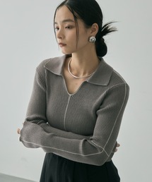 【ロングセラー】襟付きラインリブニットプルオーバー