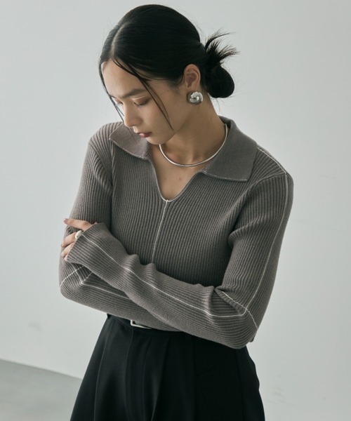 ロングセラー】襟付きラインリブニットプルオーバー（ニット/セーター