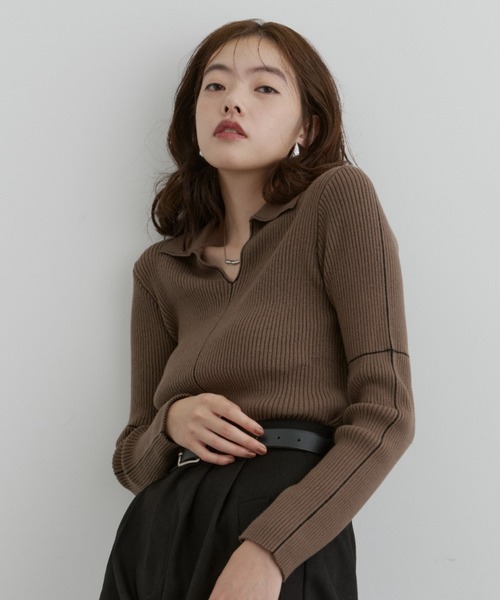 ロングセラー】襟付きラインリブニットプルオーバー（ニット