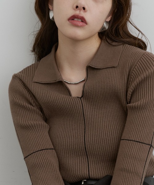 ebure ブラウン リブニット　長袖 ロングセラー】襟付きラインリブニットプルオーバー（ニット