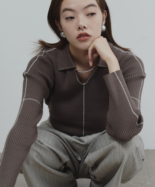 DFFUR.（ディフル）の「【ロングセラー】襟付きラインリブニットプルオーバー（ニット/セーター・レディース・ベージュ/ライム/グレー/ボルドー/アイボリー/ネイビー/ブラウン/チャコールグレー・FREE）」の12枚目の写真