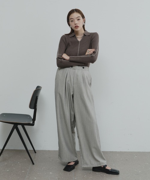 ロングセラー】襟付きラインリブニットプルオーバー（ニット