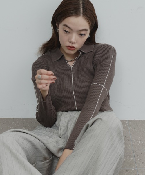 セール】【ロングセラー】襟付きラインリブニットプルオーバー