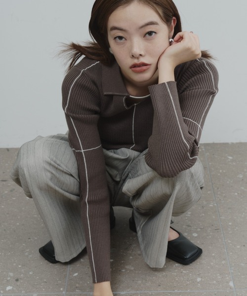 DFFUR.（ディフル）の「【ロングセラー】襟付きラインリブニットプルオーバー（ニット/セーター・レディース・ベージュ/ライム/グレー/ボルドー/アイボリー/ネイビー/ブラウン/チャコールグレー・FREE）」の9枚目の写真