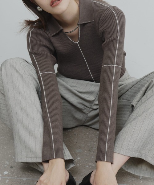 DFFUR.（ディフル）の「【ロングセラー】襟付きラインリブニットプルオーバー（ニット/セーター・レディース・ベージュ/ライム/グレー/ボルドー/アイボリー/ネイビー/ブラウン/チャコールグレー・FREE）」の13枚目の写真