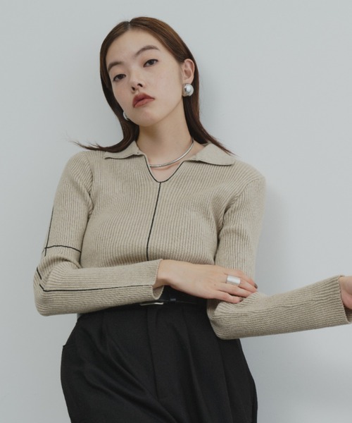 ロングセラー】襟付きラインリブニットプルオーバー（ニット