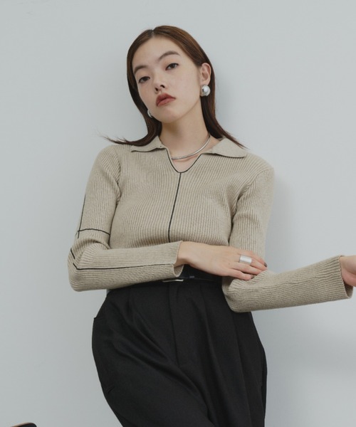 ロングセラー】襟付きラインリブニットプルオーバー（ニット