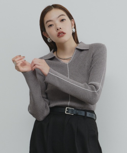 DFFUR.（ディフル）の「【ロングセラー】襟付きラインリブニットプルオーバー（ニット/セーター・レディース・ベージュ/ライム/グレー/ボルドー/アイボリー/ネイビー/ブラウン/チャコールグレー・FREE）」の18枚目の写真