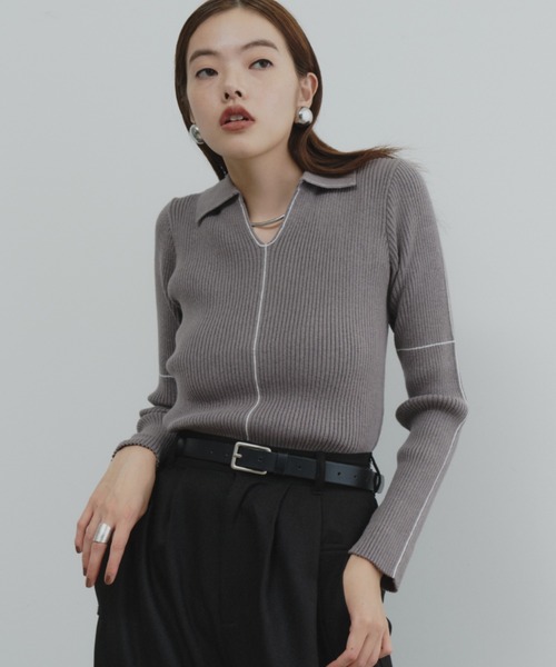 DFFUR.（ディフル）の「【ロングセラー】襟付きラインリブニットプルオーバー（ニット/セーター・レディース・ベージュ/ライム/グレー/ボルドー/アイボリー/ネイビー/ブラウン/チャコールグレー・FREE）」の19枚目の写真