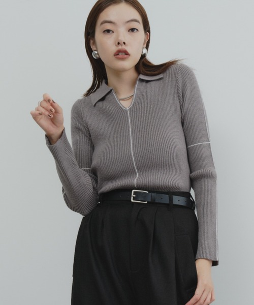 DFFUR.（ディフル）の「【ロングセラー】襟付きラインリブニットプルオーバー（ニット/セーター・レディース・ベージュ/ライム/グレー/ボルドー/アイボリー/ネイビー/ブラウン/チャコールグレー・FREE）」の20枚目の写真