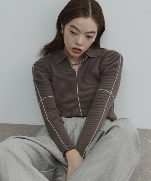 美品 ユリパーク ラウンドネックニット レアーリ エルボーパッチ風リブ