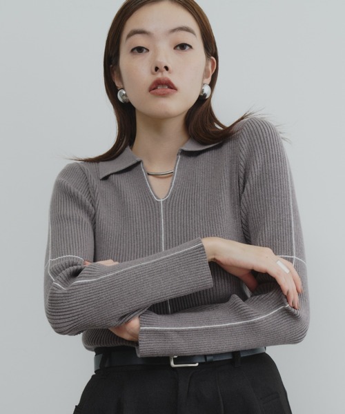 セール】【ロングセラー】襟付きラインリブニットプルオーバー（ニット