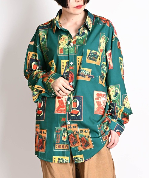 柄シャツ タバコ柄 総柄シャツ 半袖 レトロ ニュアンスカラー（シャツ